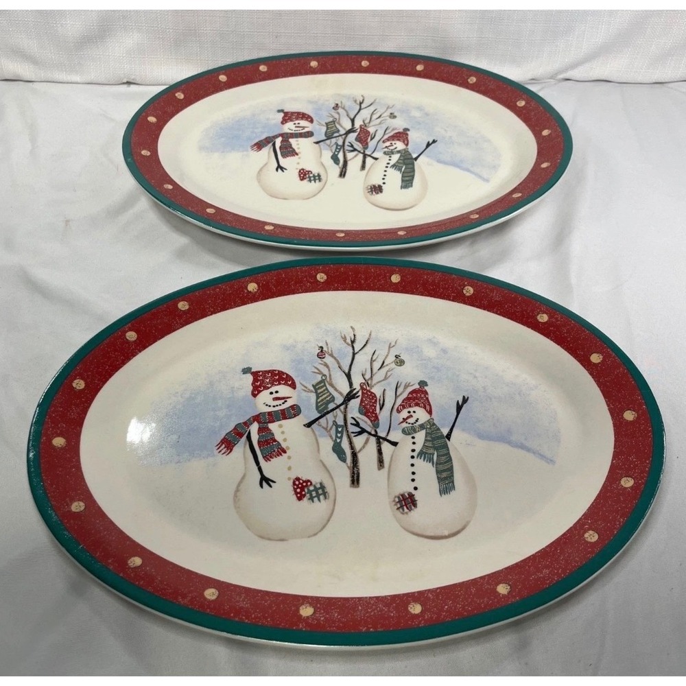 Royal Seasons Stoneware Snowman Oval Serving Platters Set of 2 Christmas Holiday